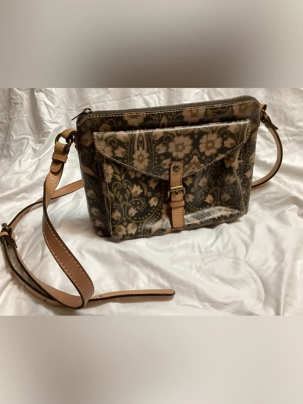 Patricia Nash Brown Floral Crossbody with Tan Trim